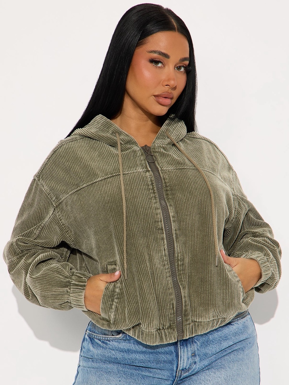 Fashion Nova Olive Corduroy Hooded Bomber Jacket
